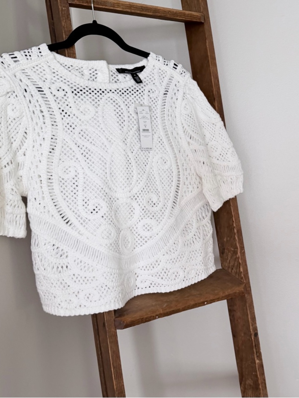 White House Black Market Puff Sleeve Novelty Crochet Cropped Top Blouse Medium - Picture 4 of 16